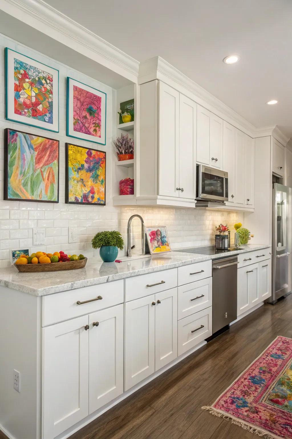 Artwork adds a personal and artistic touch to white kitchens.