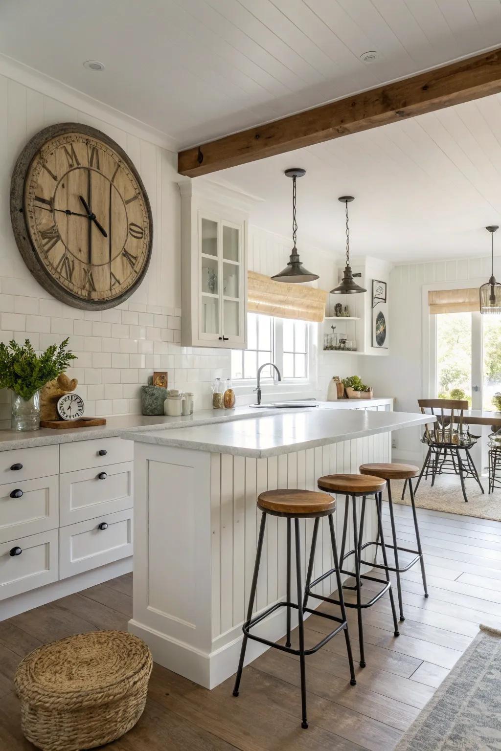 Vintage elements add charm to the modern white kitchen.
