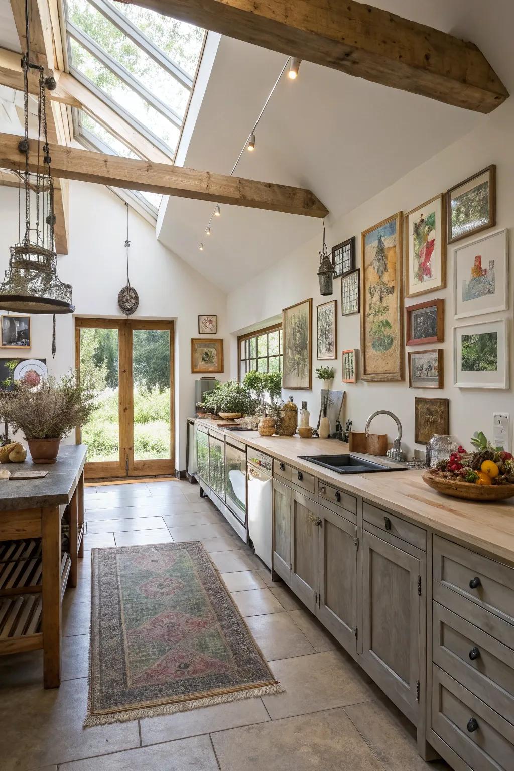 Art and decor adding personal touch to a wide galley kitchen.