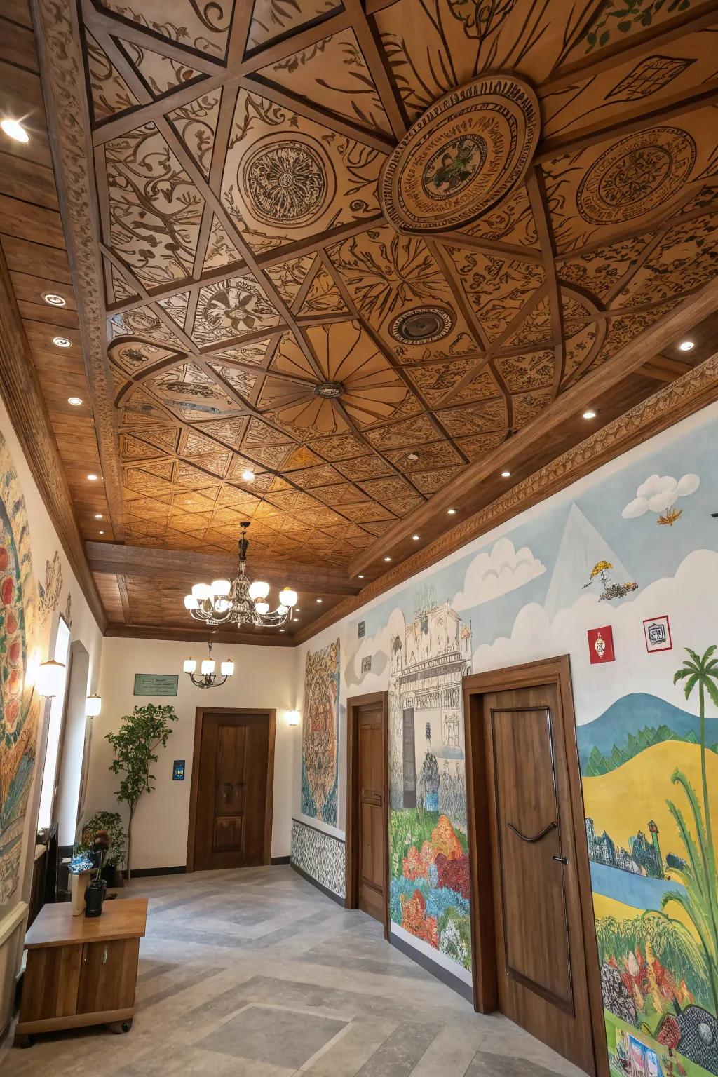 Wood ceiling murals turn ceilings into art.