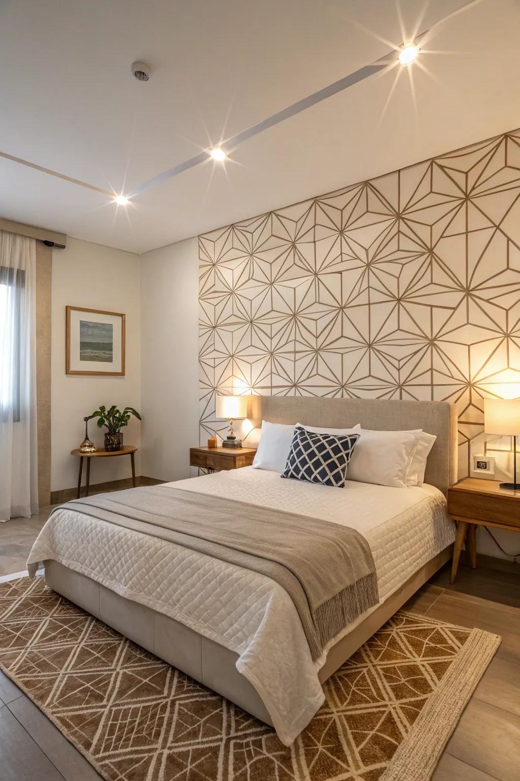 Geometric patterns on the accent wall bring a modern edge to this minimalist bedroom.