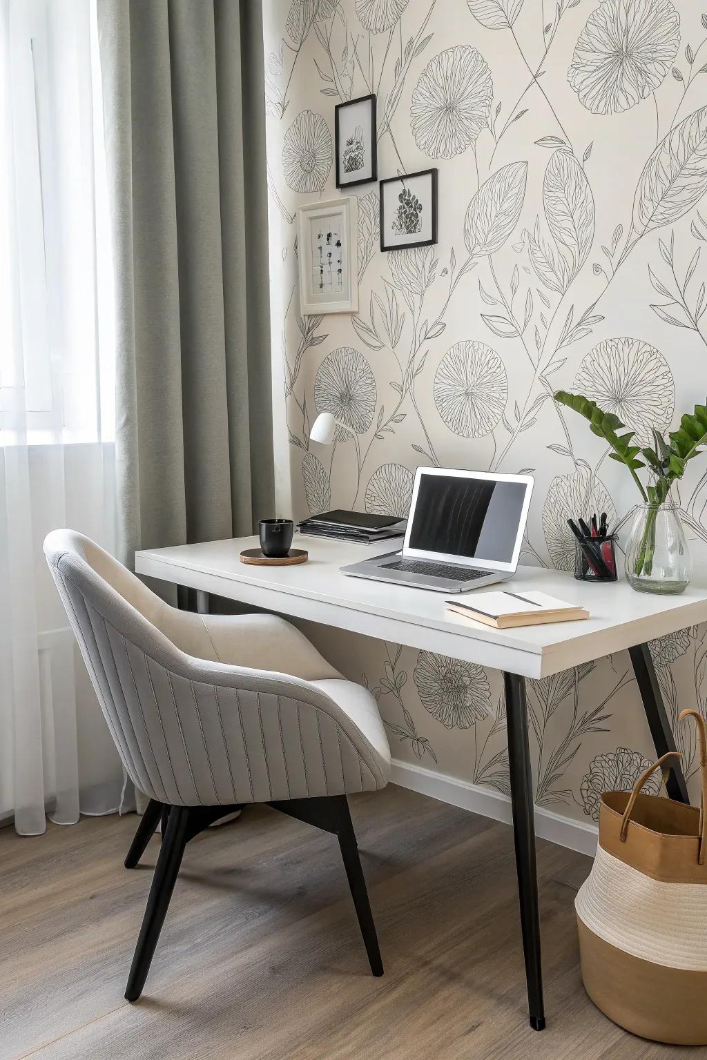 A minimalist wallpaper adds a touch of style while enhancing focus in a home office.