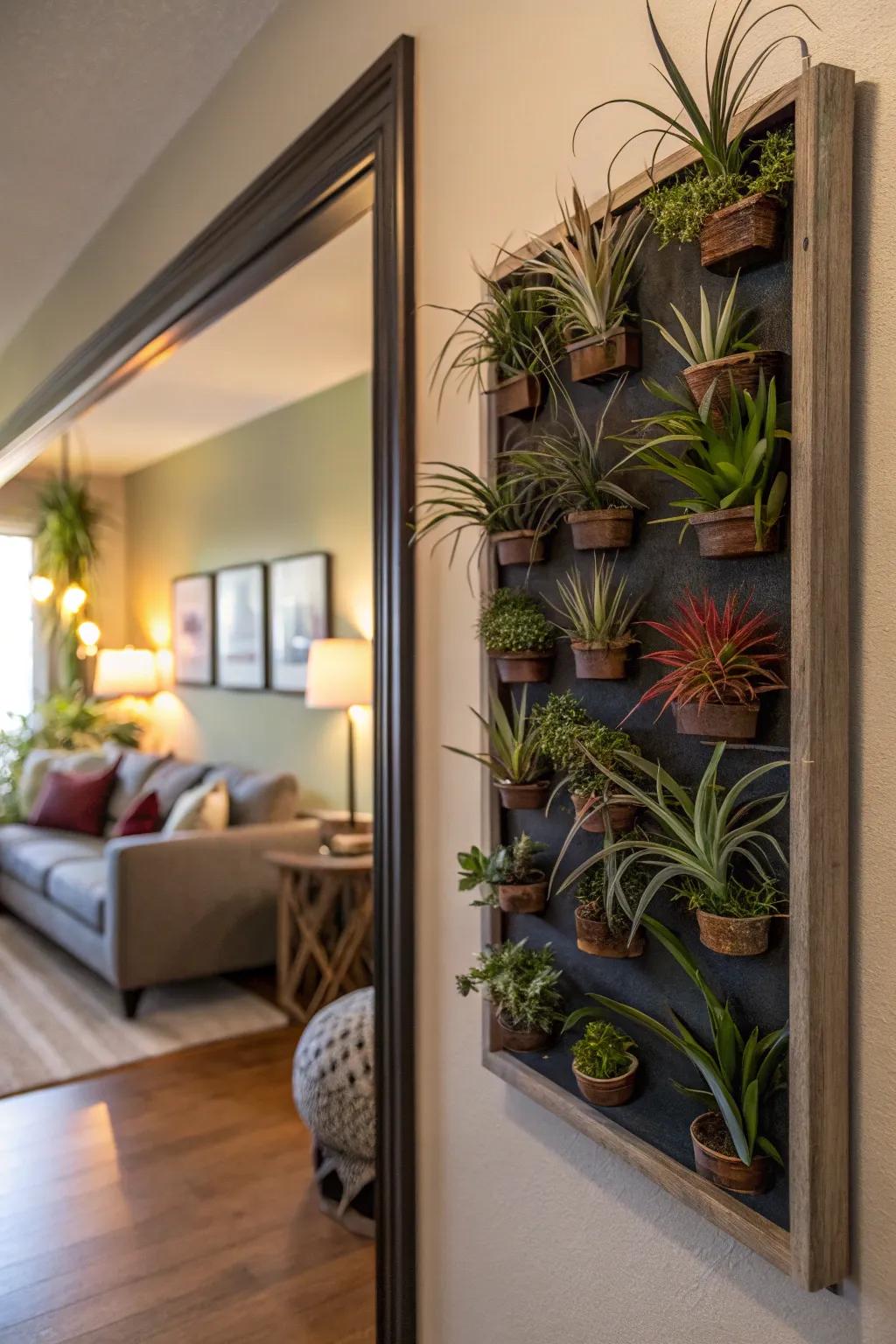 A vertical garden showcasing air plants as a dynamic piece of living wall art.
