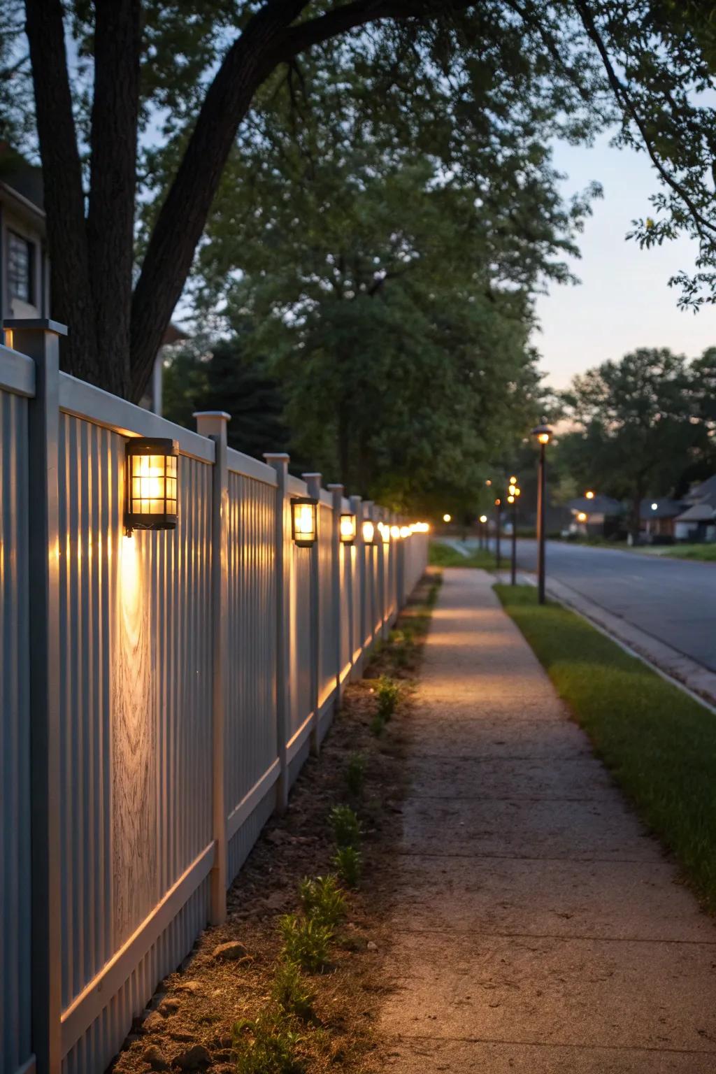 Decorative lighting brings ambiance to an aluminum fence.