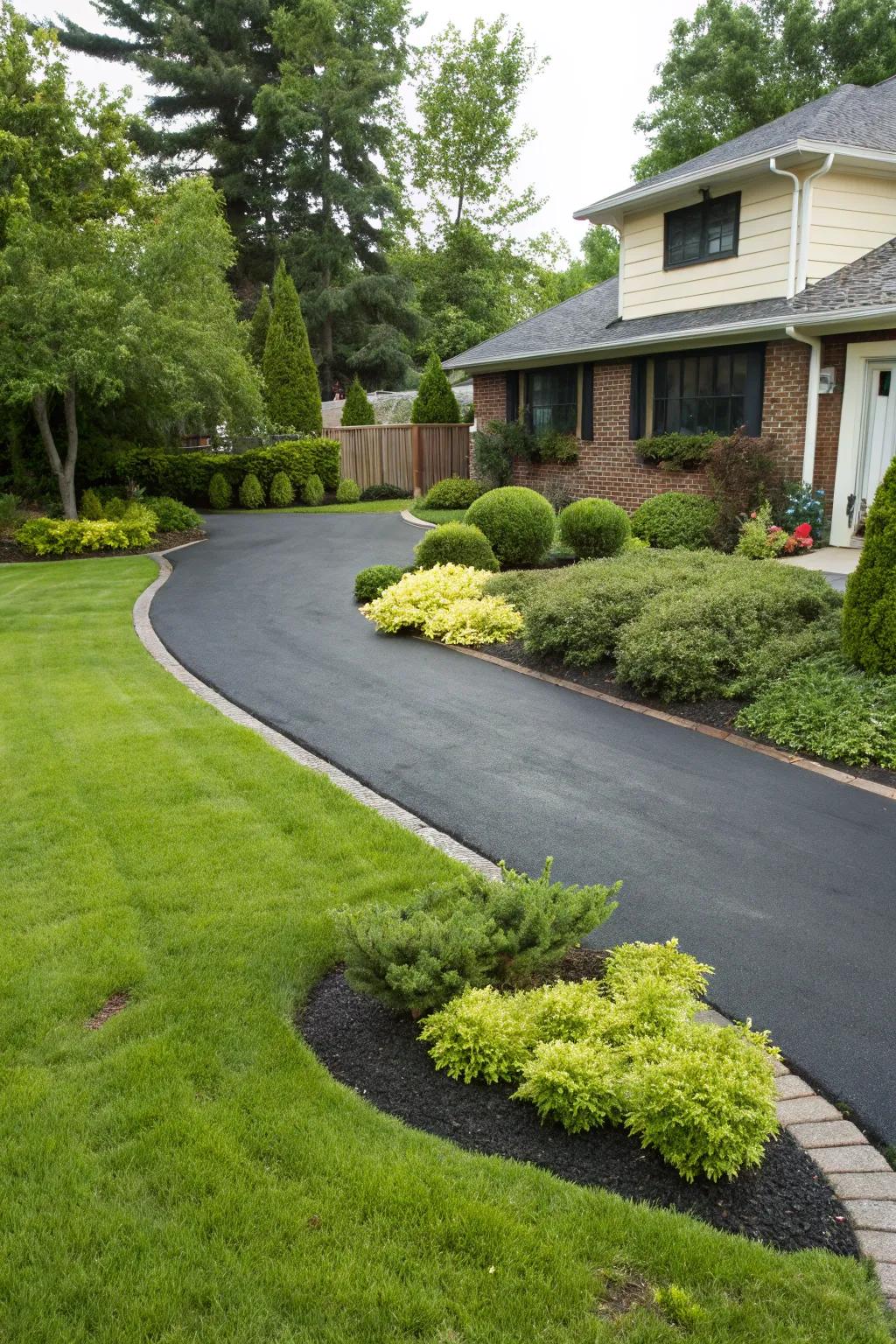 Dark pavement beautifully contrasts with lush green landscapes.