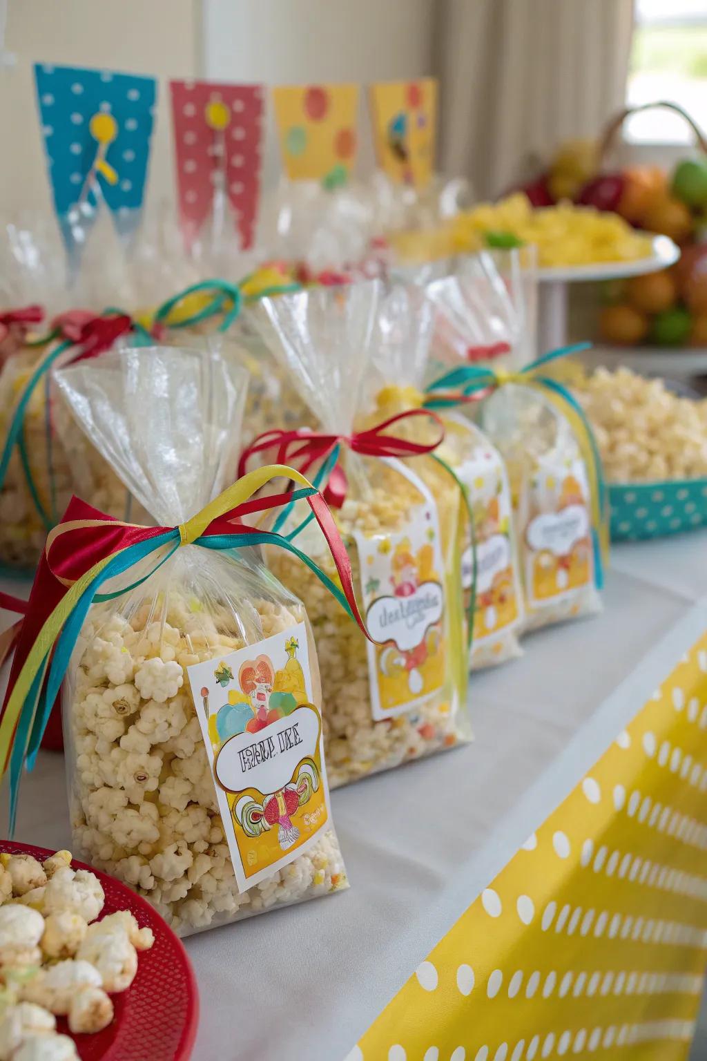 Playful 'Ready to Pop' popcorn bags add fun to the party.