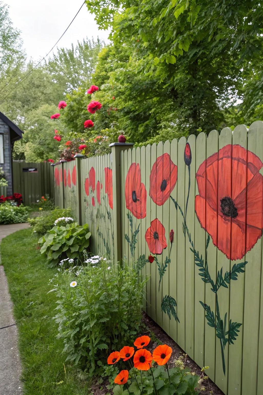 Poppies painted on a fence contribute a daring, artistic impression.