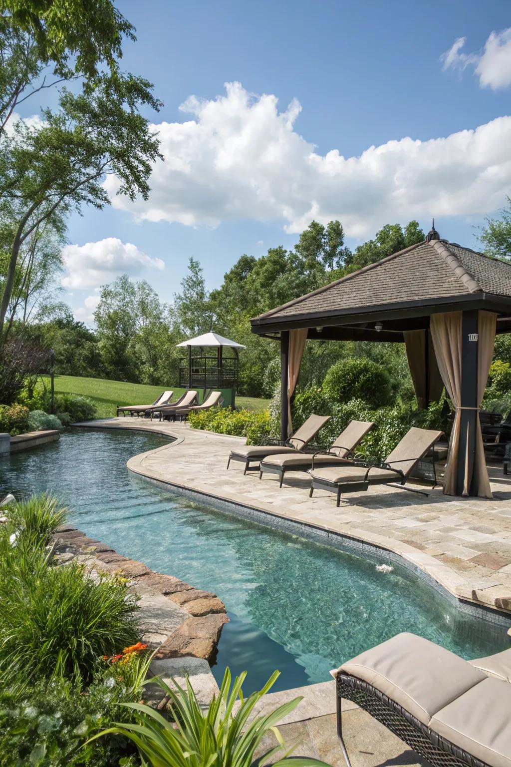 A relaxing seating area by the lazy river, perfect for unwinding.