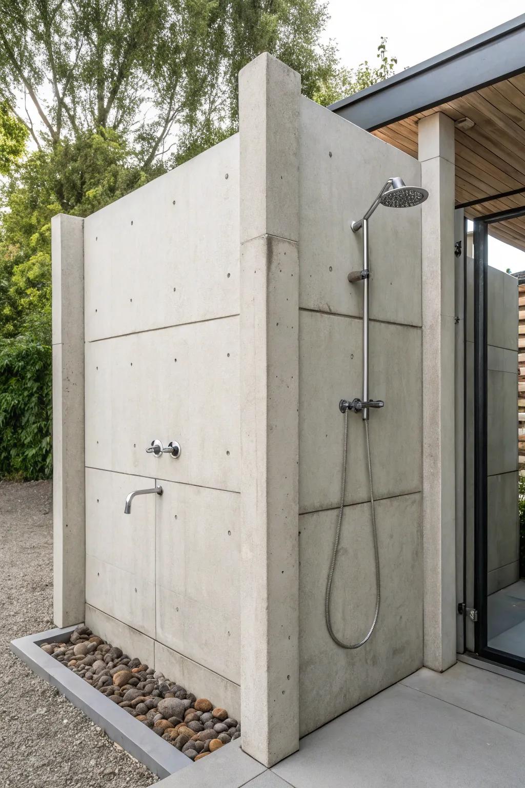 A sleek and minimalist outdoor shower with concrete panels.