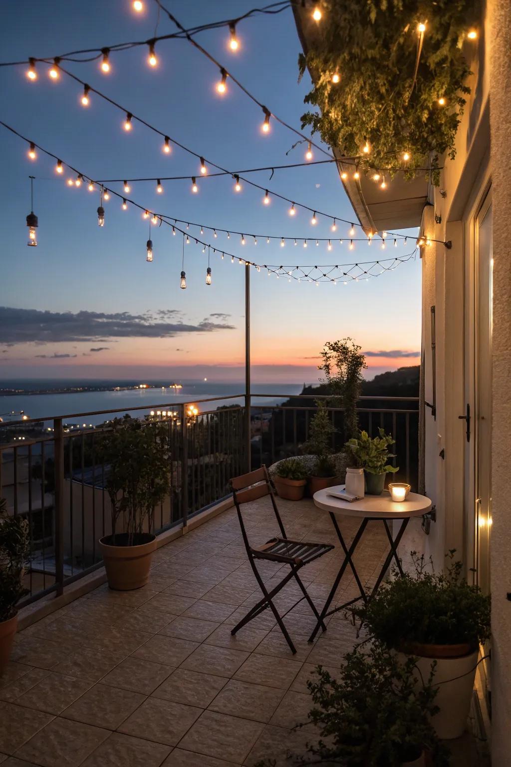 String lights add a whimsical touch and warm glow to your balcony.