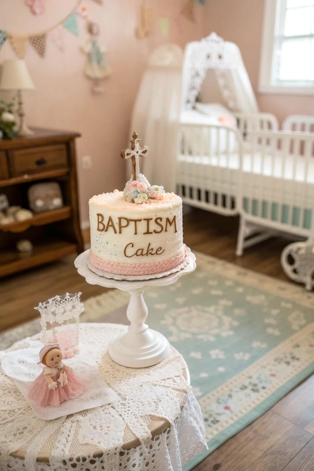 A personalized cake with the child's name in elegant script.