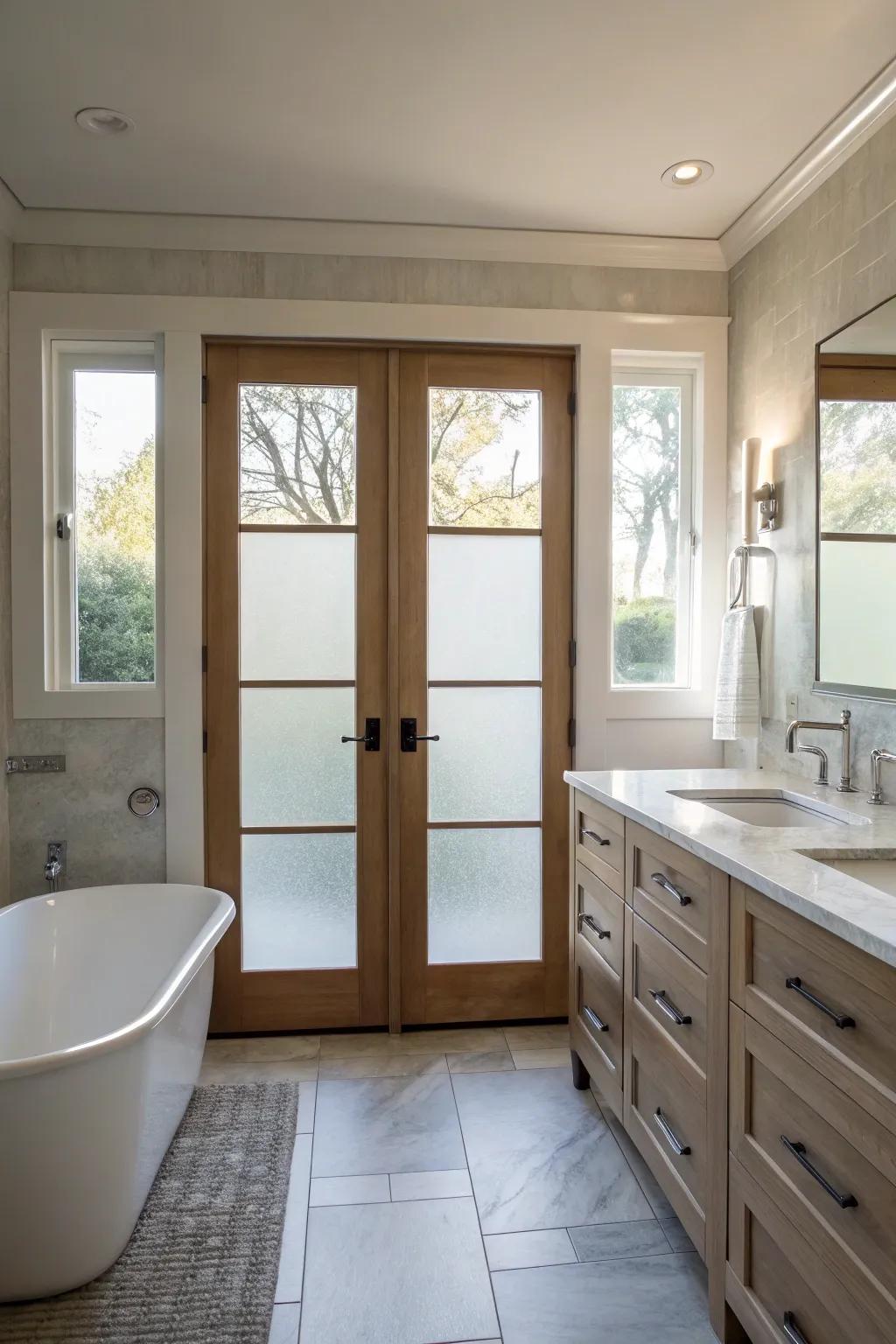 Frosted glass doors offer privacy without sacrificing light.