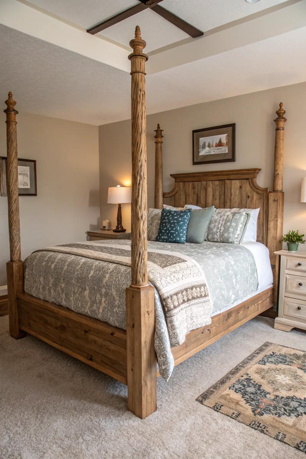 Rustic bedposts add a hint of countryside charm to the bedroom.