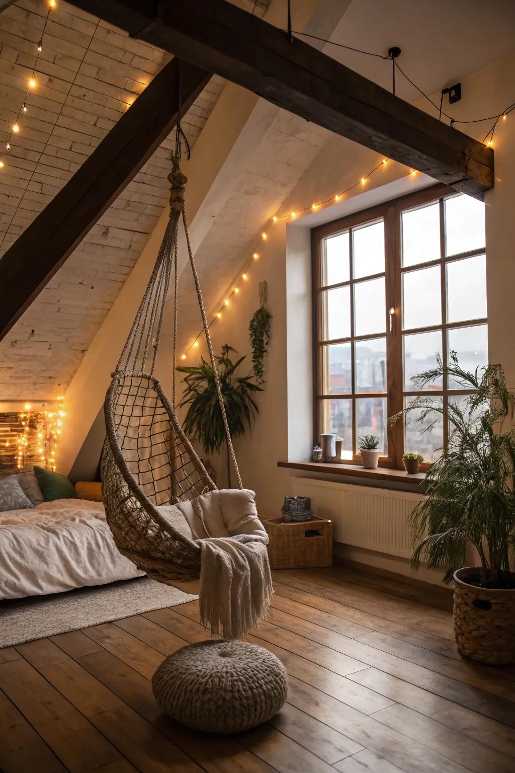 Unwind in style with a hanging chair that enhances the charm of your loft.