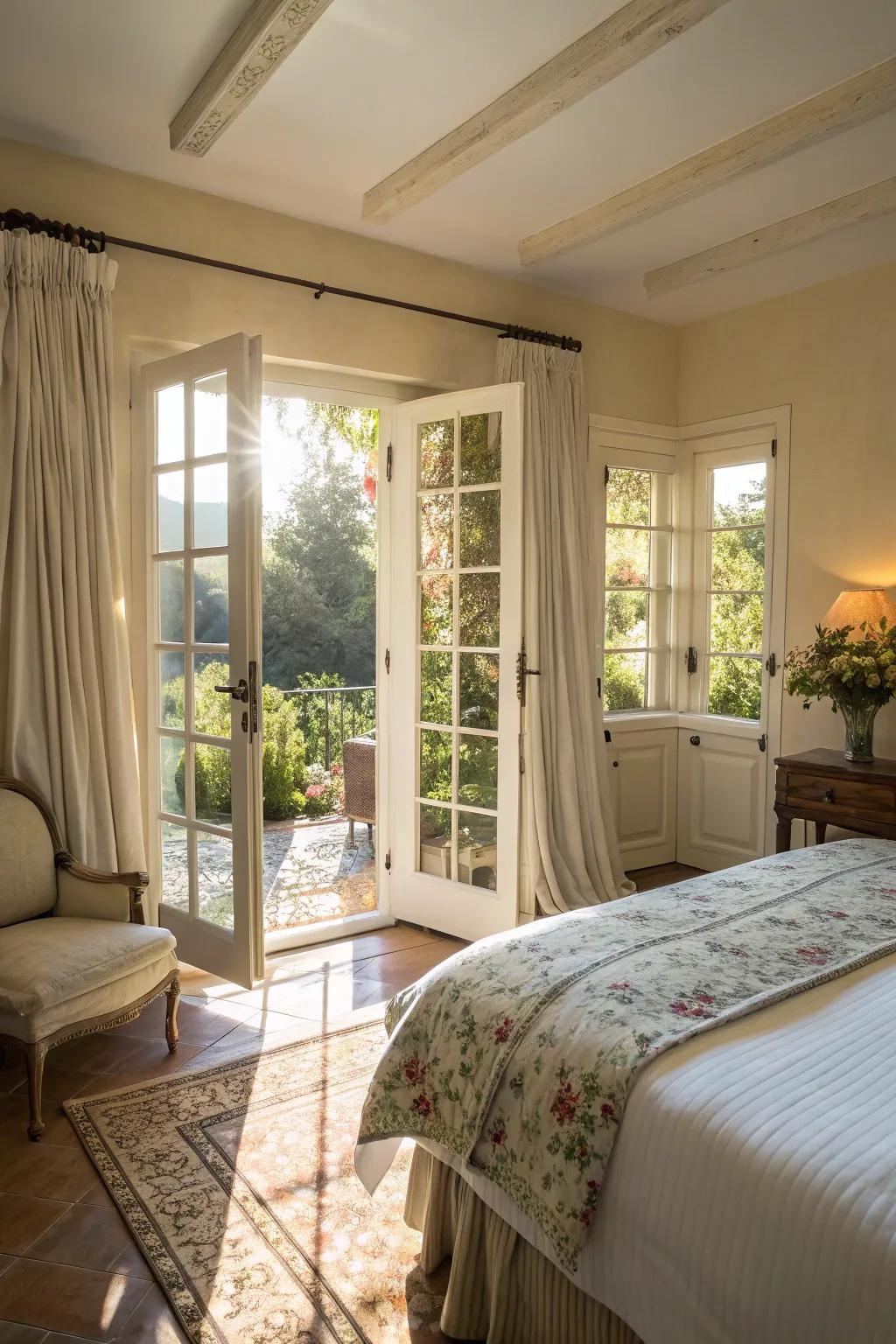 Classic French doors bring an elegant charm to the bedroom.