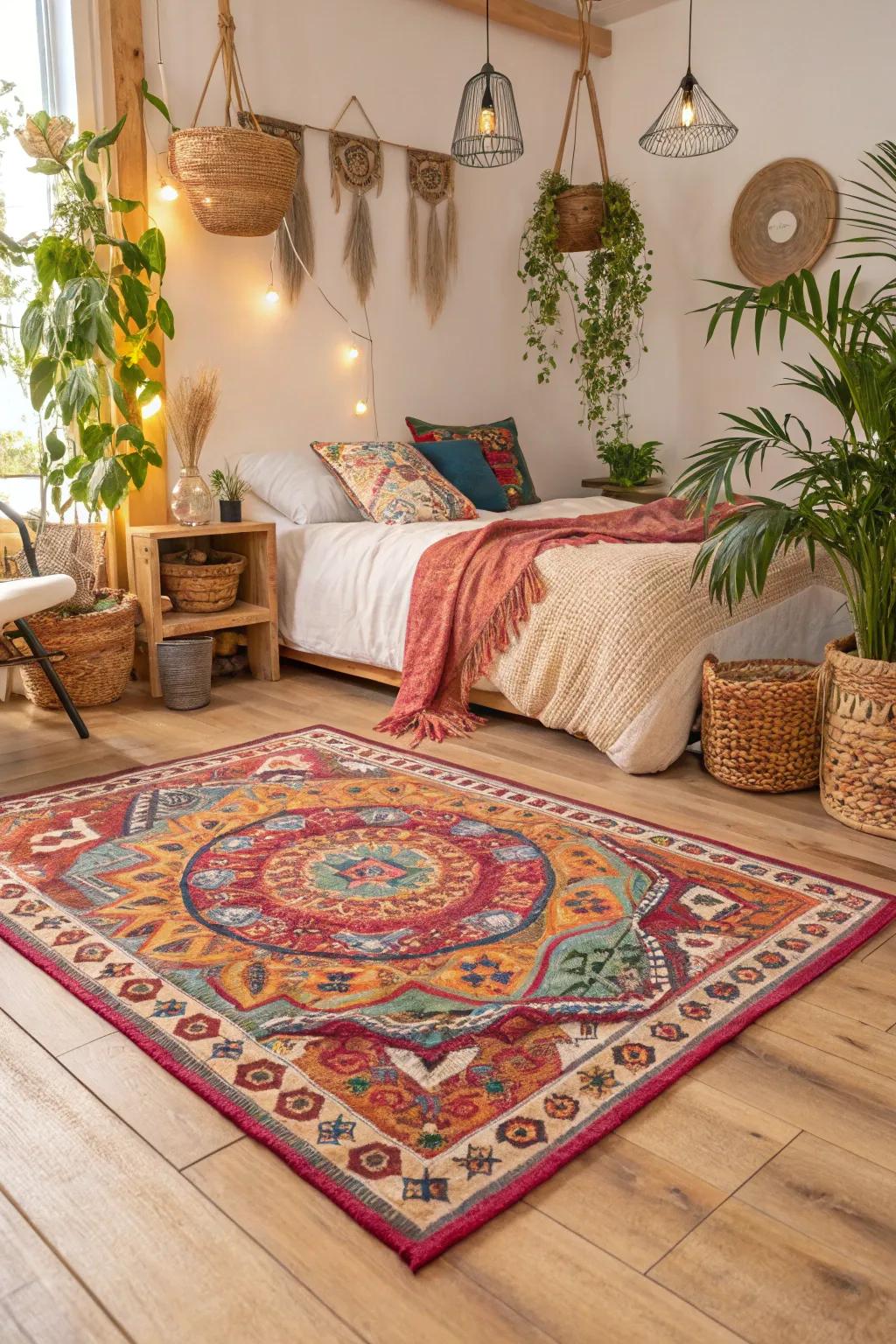 Infuse bohemian style into your bedroom using a vibrant floor covering.
