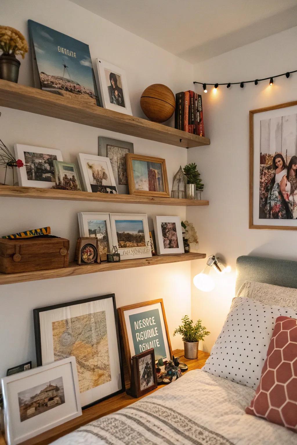 Personal touches on shelves create a cozy, inviting atmosphere.