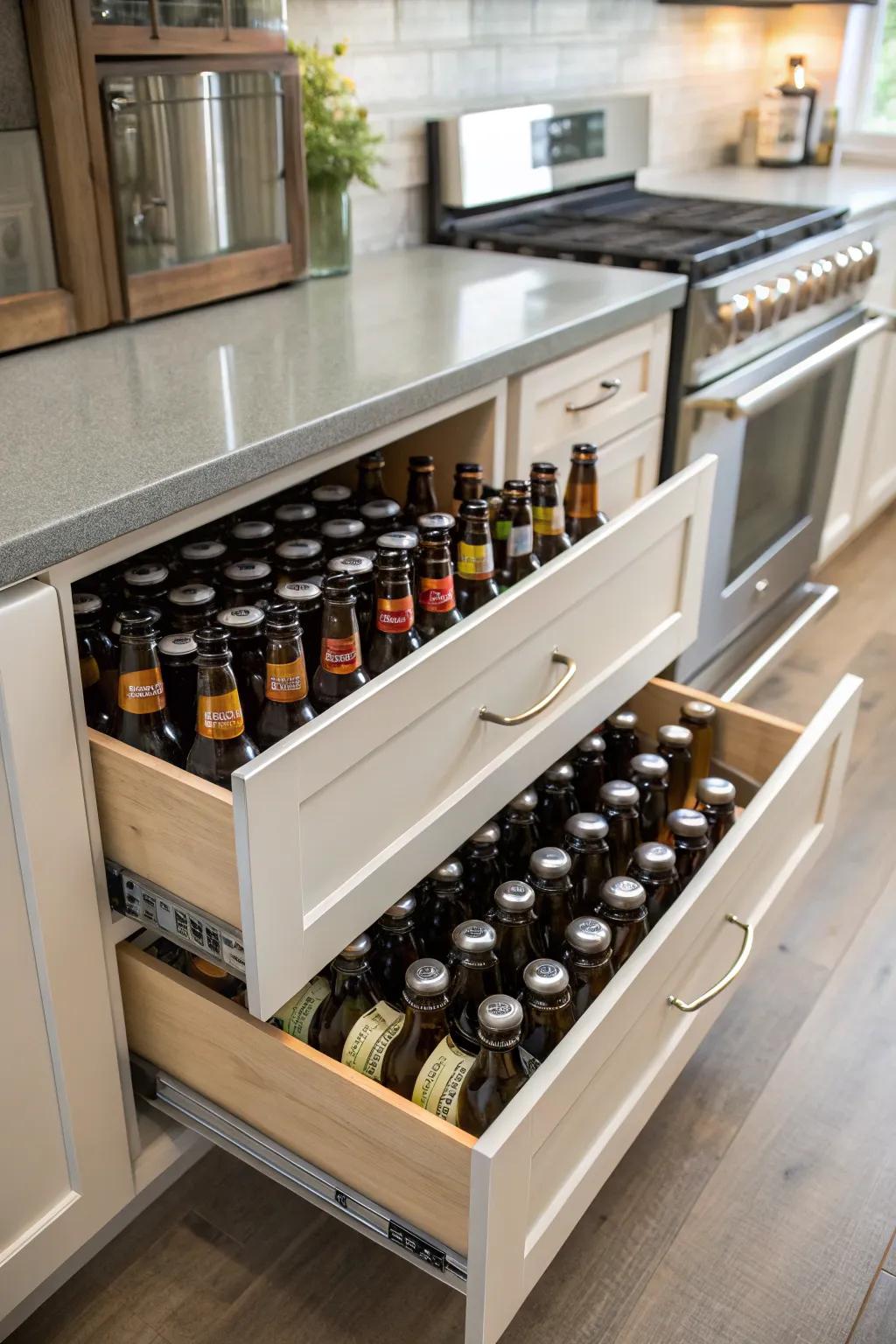 Under-cabinet sections in the kitchen efficiently holding beer bottles.