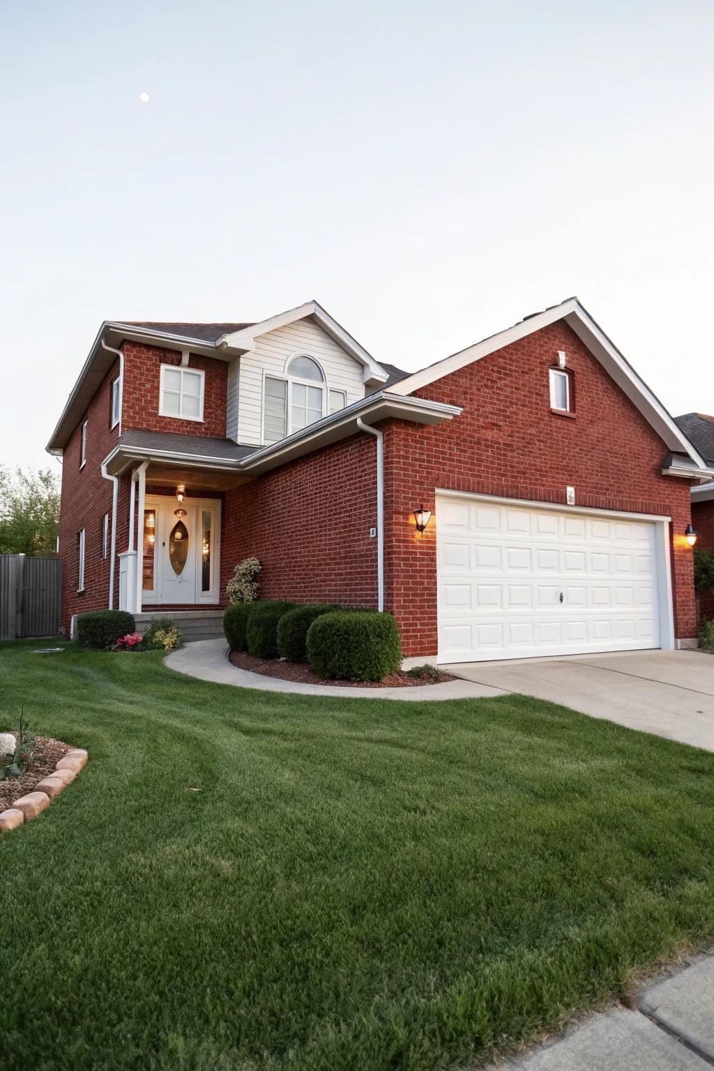 A white garage door provides a revitalizing and inviting contrast to red brick.