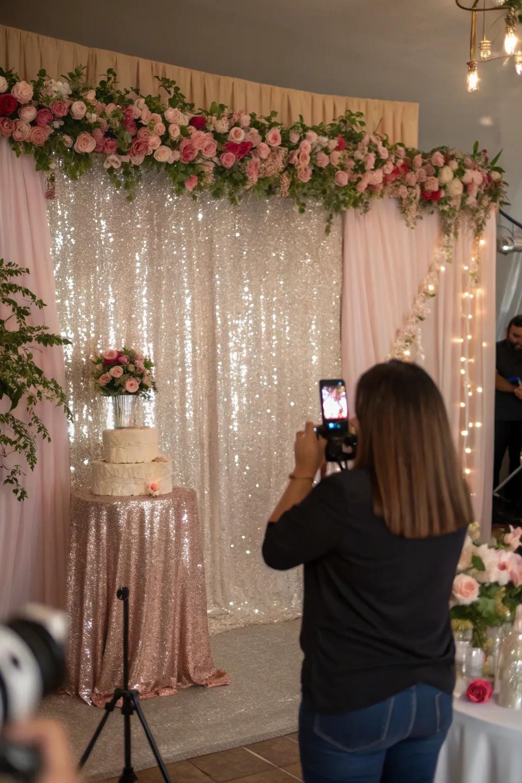 A beautiful sequin and floral backdrop perfect for party photos.