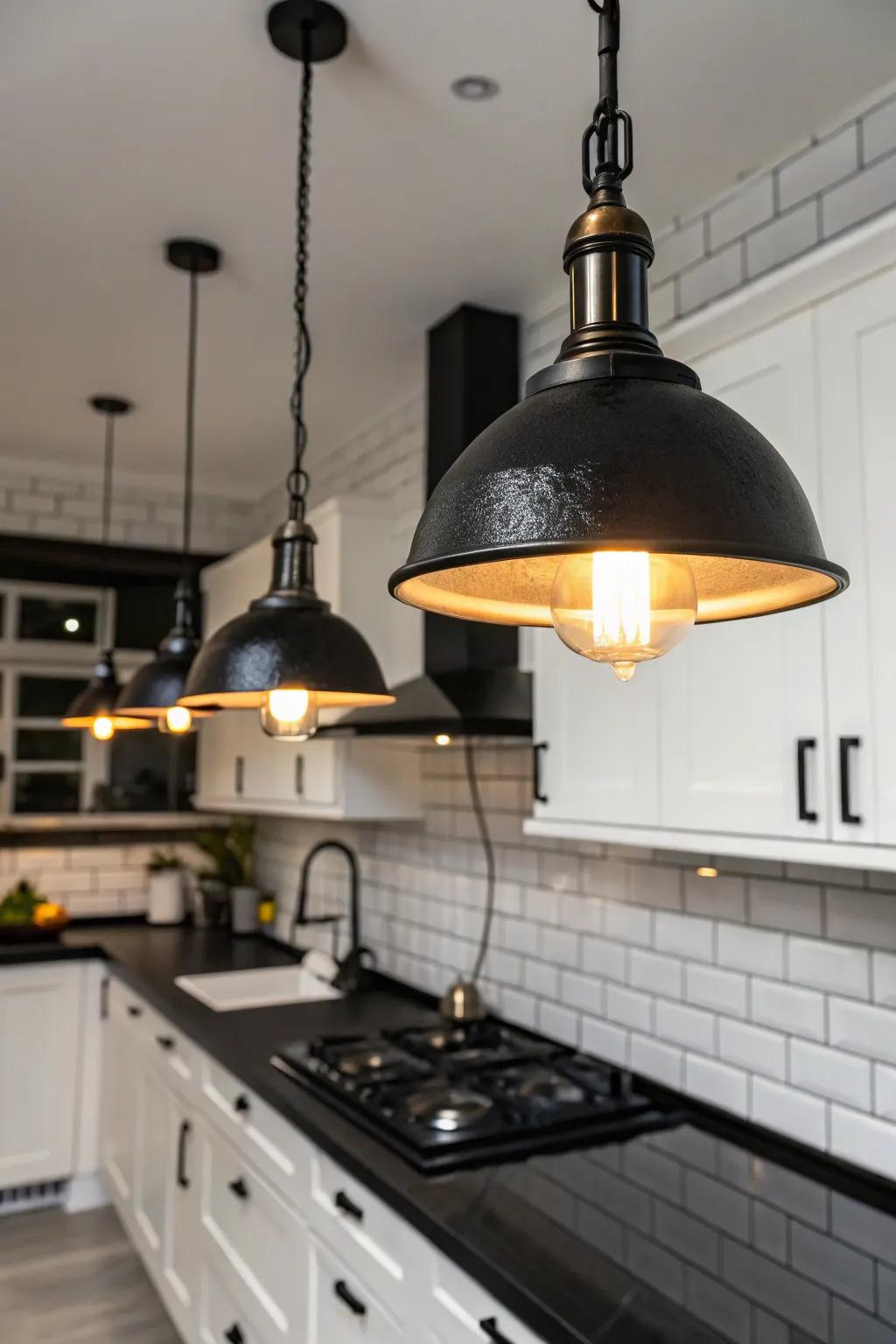 Industrial pendant lights bring character to this sleek kitchen.