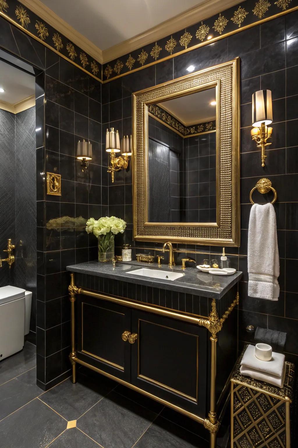 Gold accents enhance the luxurious feel of a black bathroom.