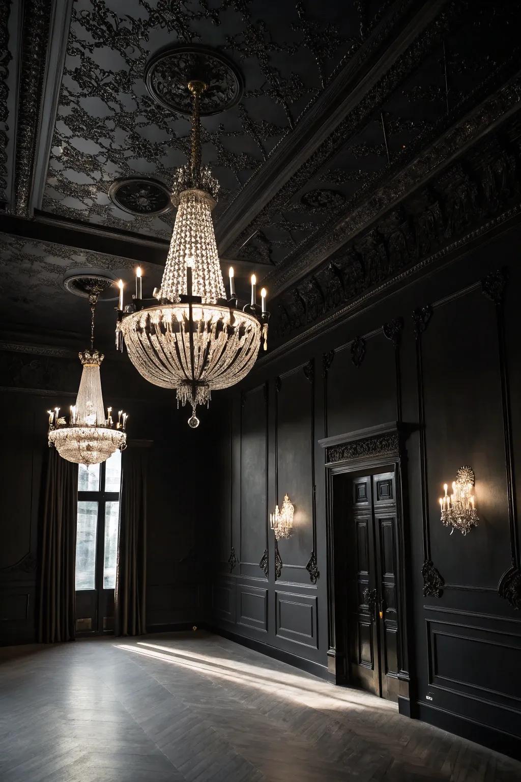 A dark-toned room elevated by a striking chandelier and pendant lights.
