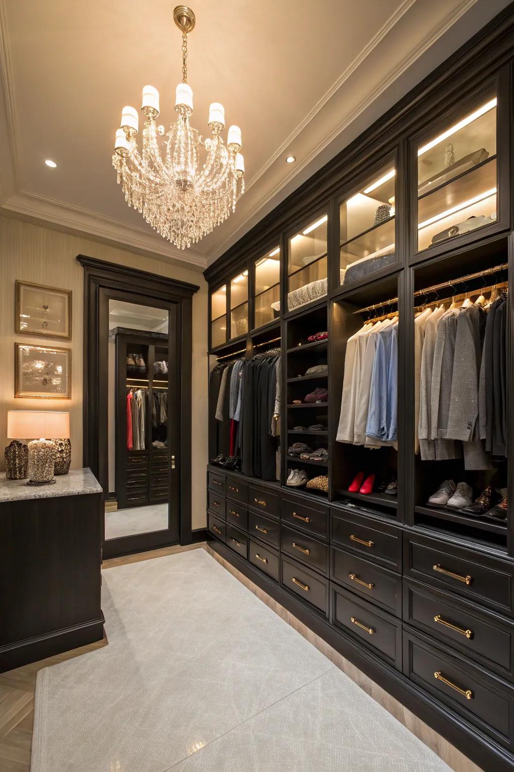 A chandelier adds a touch of luxury to this well-lit walk-in closet.