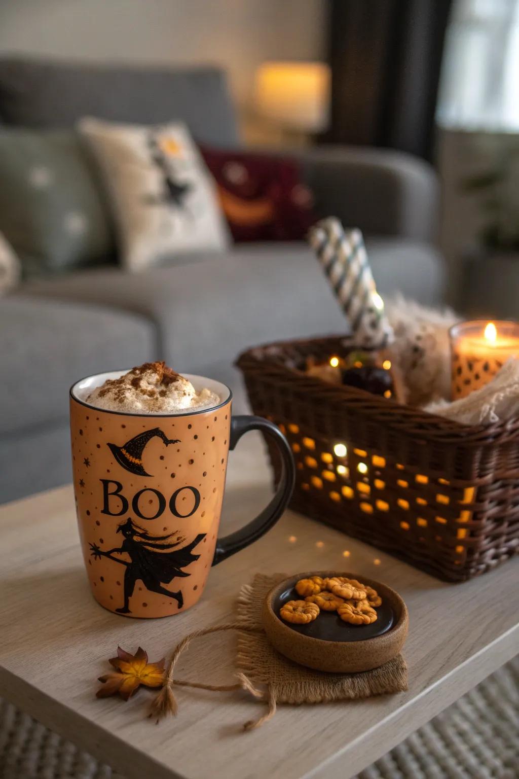 A festive mug adds a magical touch to your boo basket.