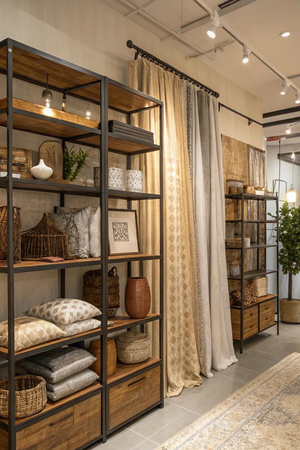 A boutique decor arrangement showcasing a blend of wood, metal, and fabric, creating a textured and captivating environment.