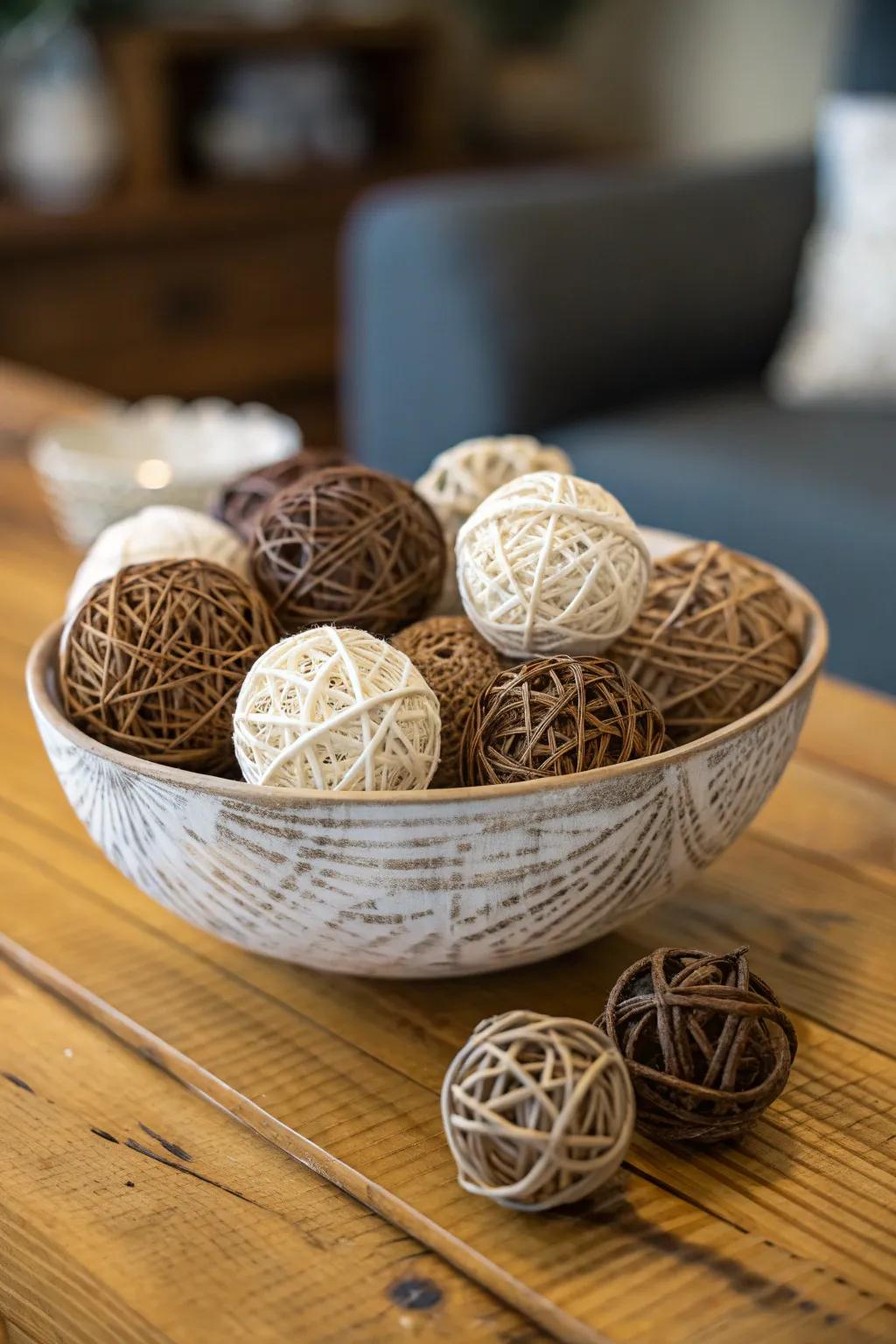 A decorative bowl featuring a mix of wicker and twine balls