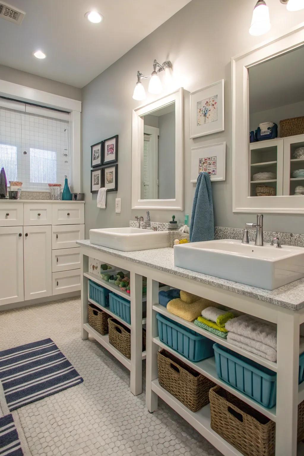 Practical double sinks with step stools for a shared boys' bathroom.