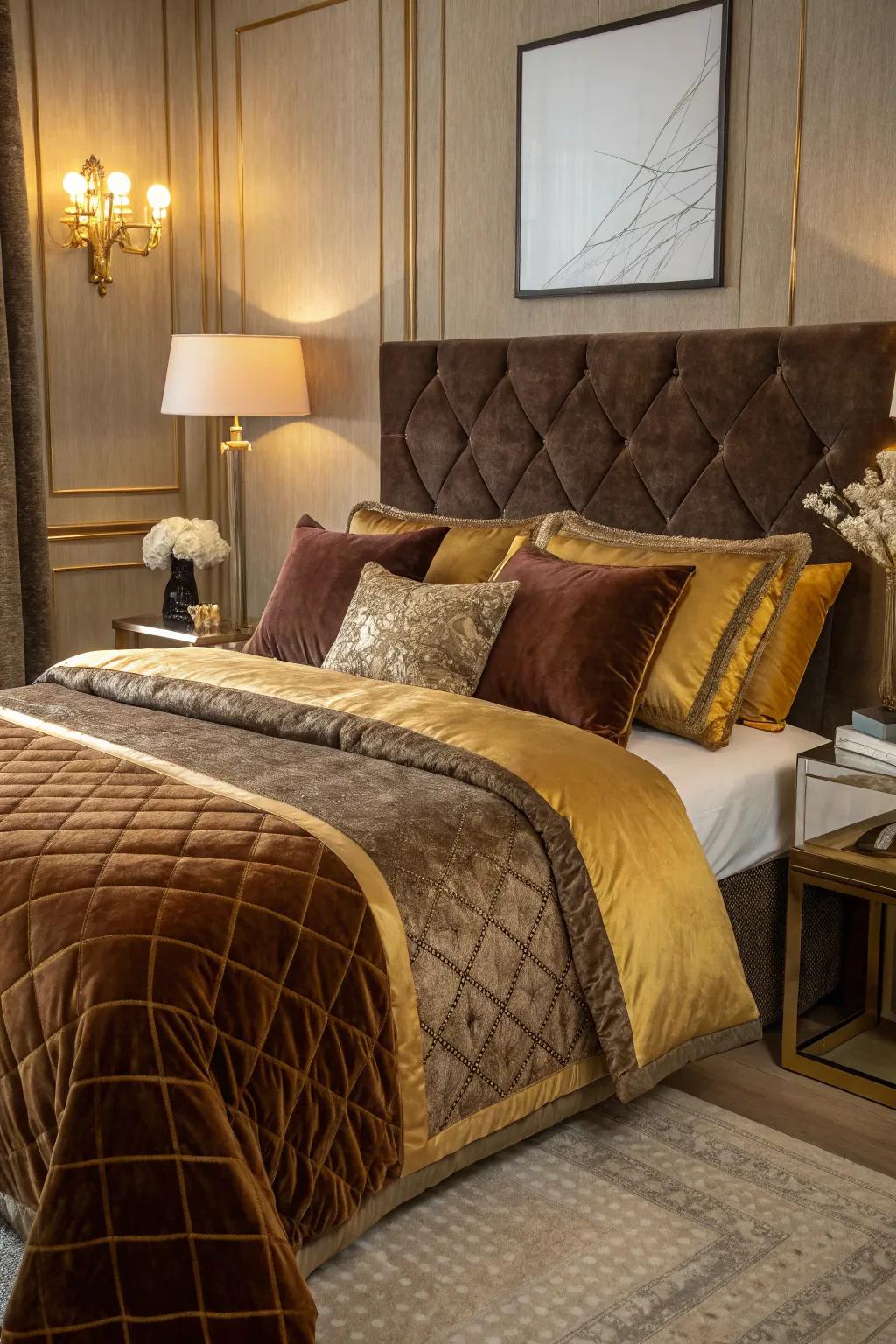 Velvet bedding adds luxury and comfort to the bedroom.