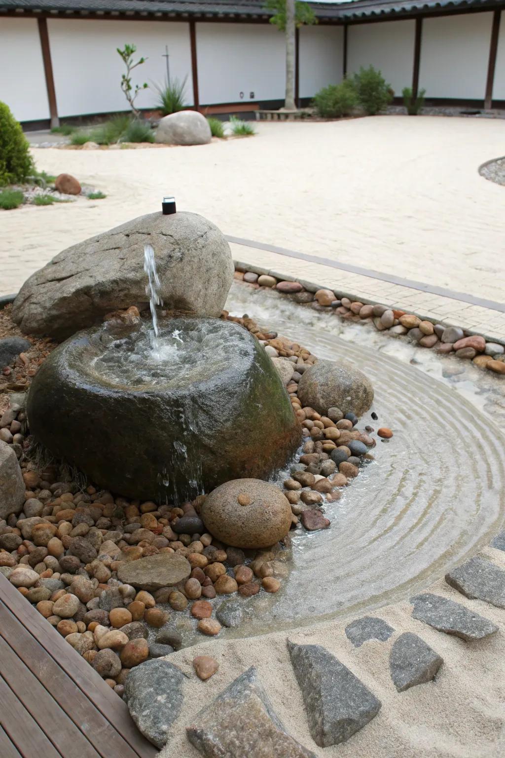 A Zen garden spring cultivates a tranquil atmosphere conducive to reflection.