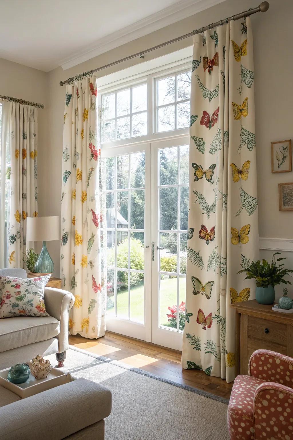 Butterfly curtains bring nature indoors.