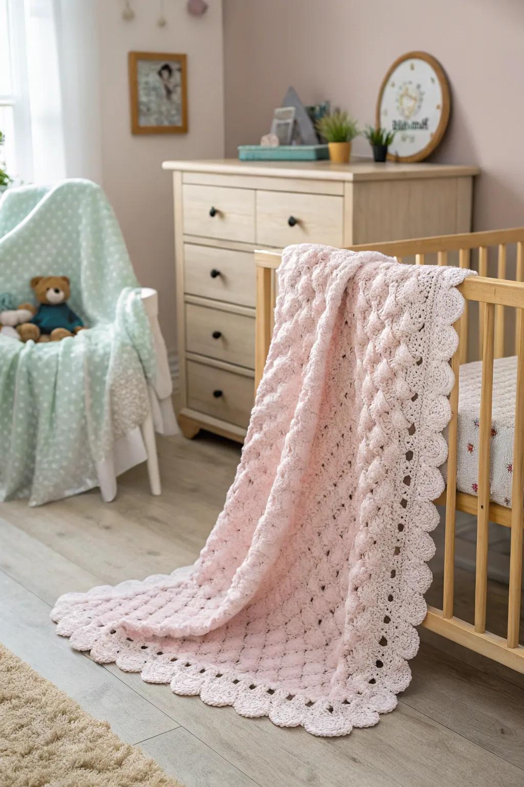 A scalloped edge lends a whimsical charm to this baby blanket.