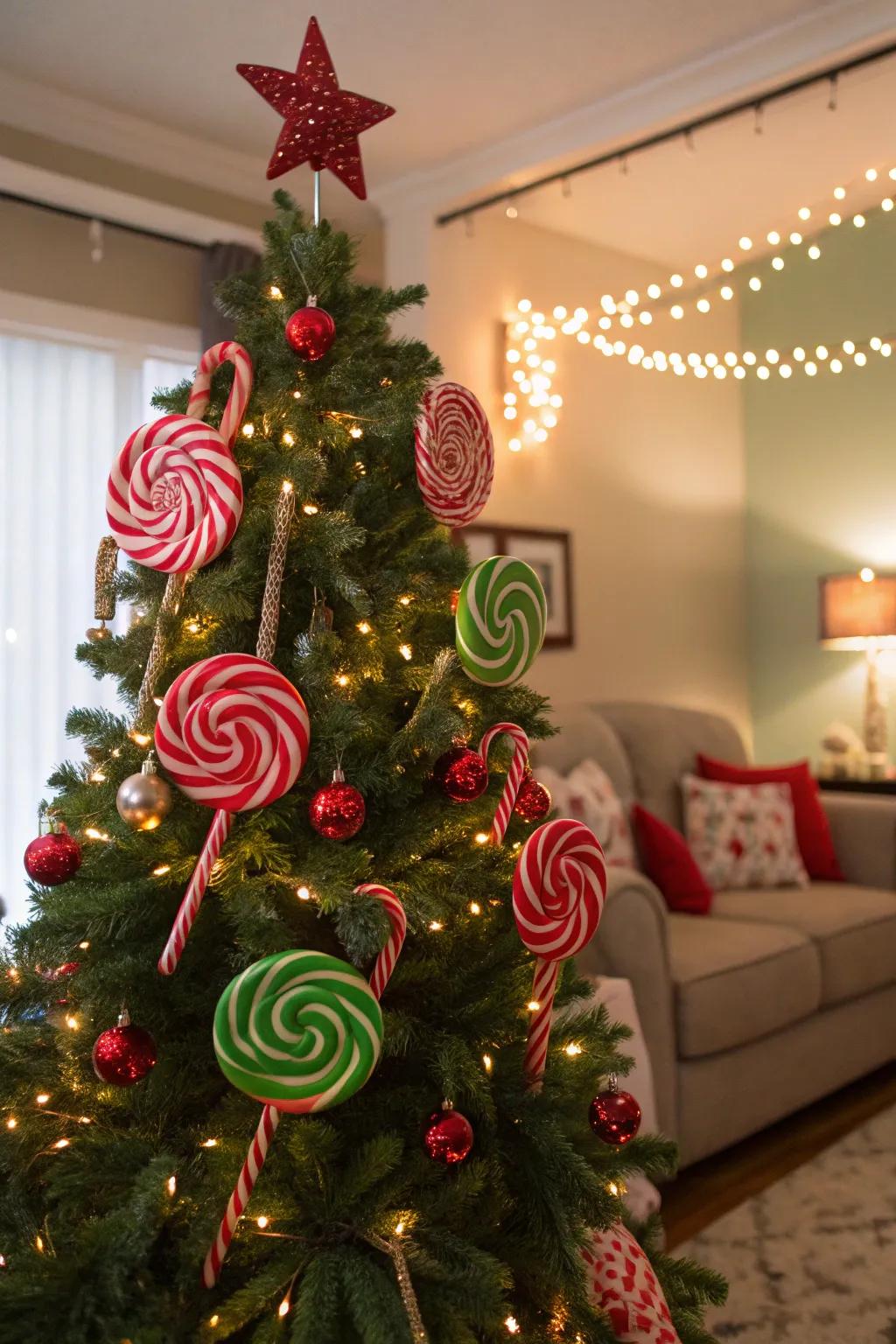 Whimsical oversized decorations for a playful candy cane tree.