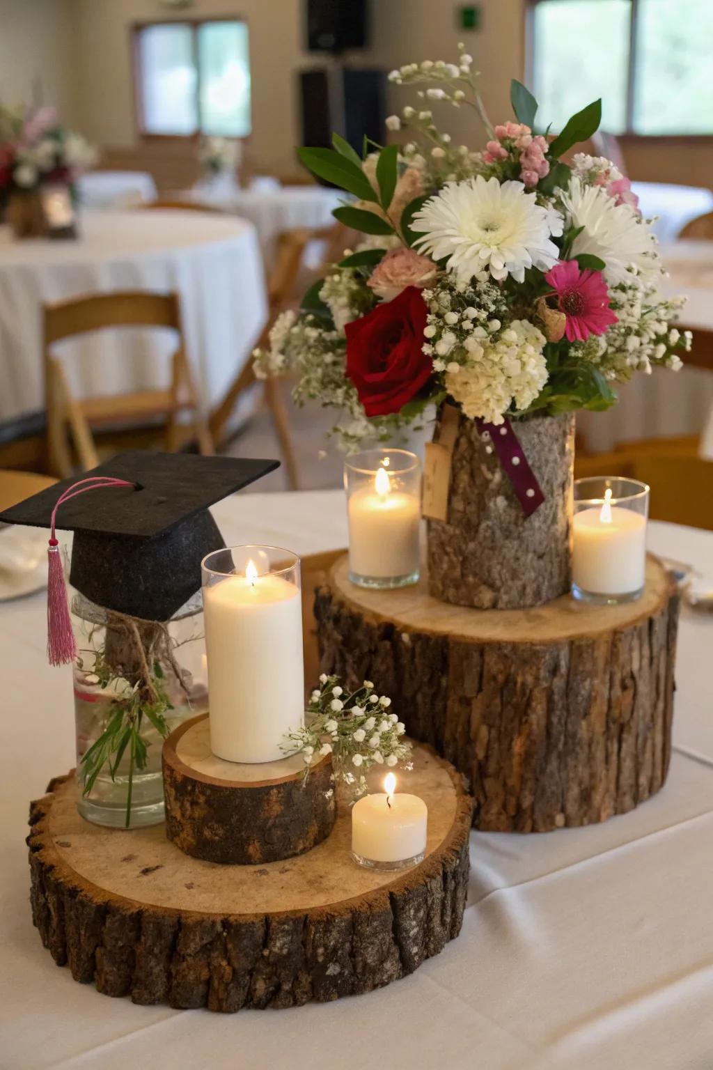 Rustic wood slices provide a charming foundation for centerpieces.