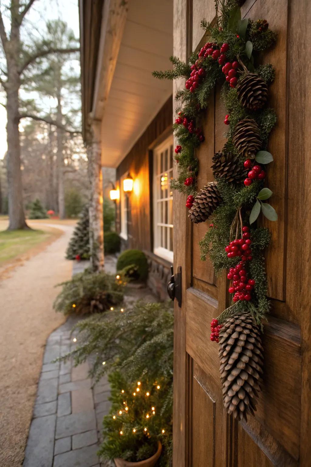 A charming pinecone garland beautifully frames this front door.