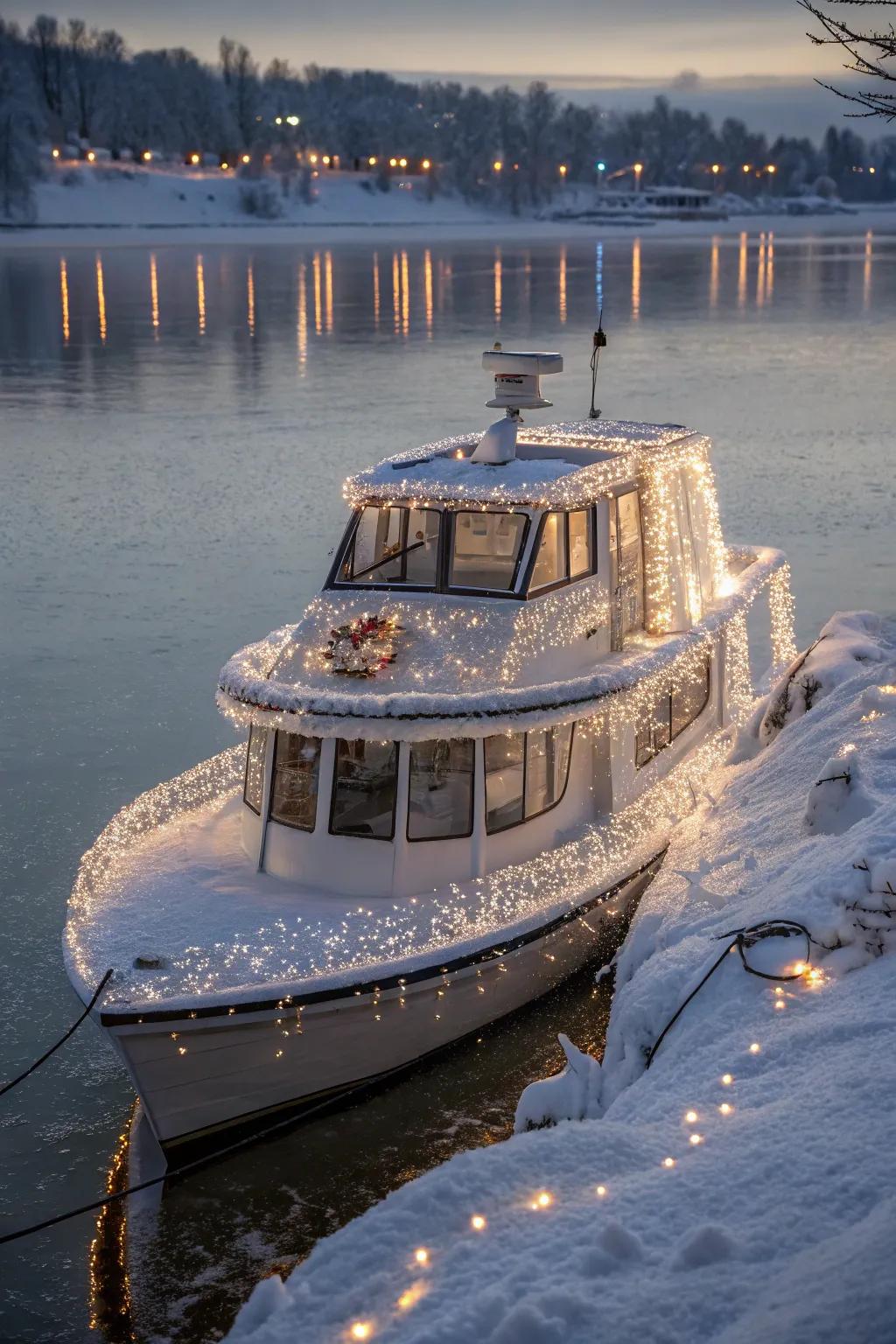 A magical winter wonderland afloat, complete with snowflakes and enchantment.