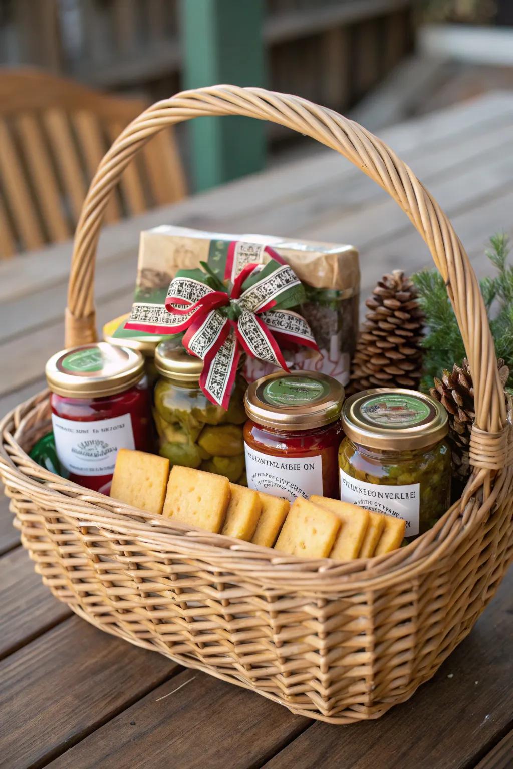 A gourmet gift basket featuring a selection of pickles and treats.