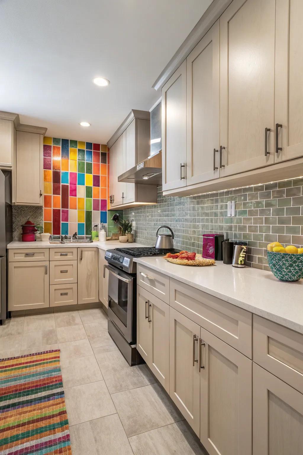 Bold color accents add a splash of personality to neutral kitchens.