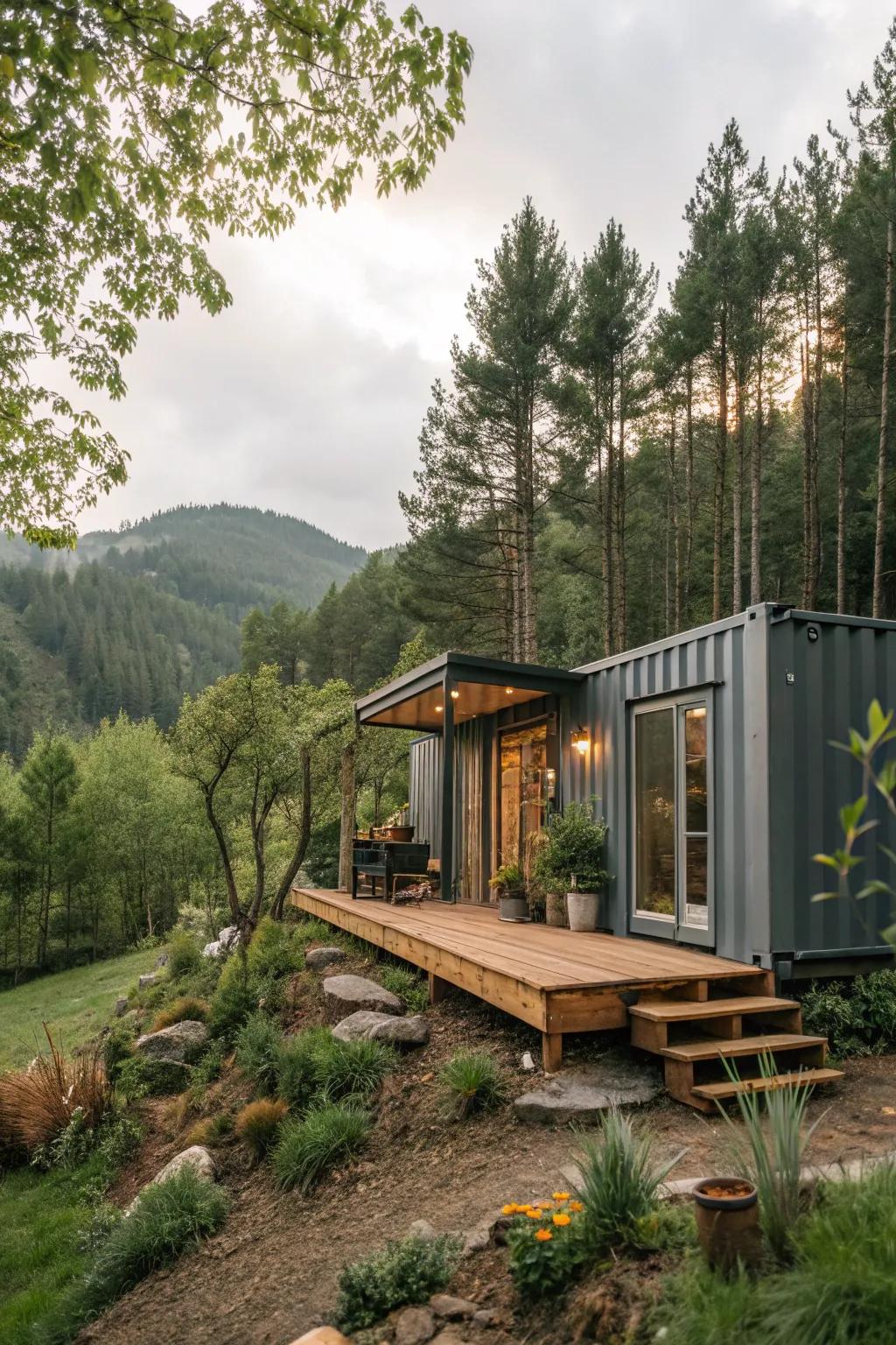 A container home seamlessly integrated with its natural environment.