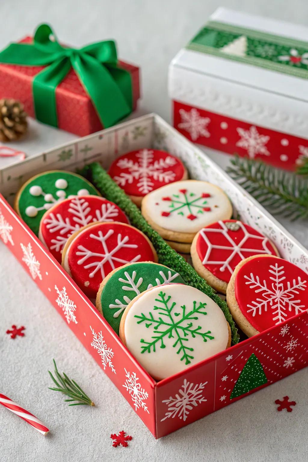 Holiday-themed packaging brings a festive spirit to cookie gifts.