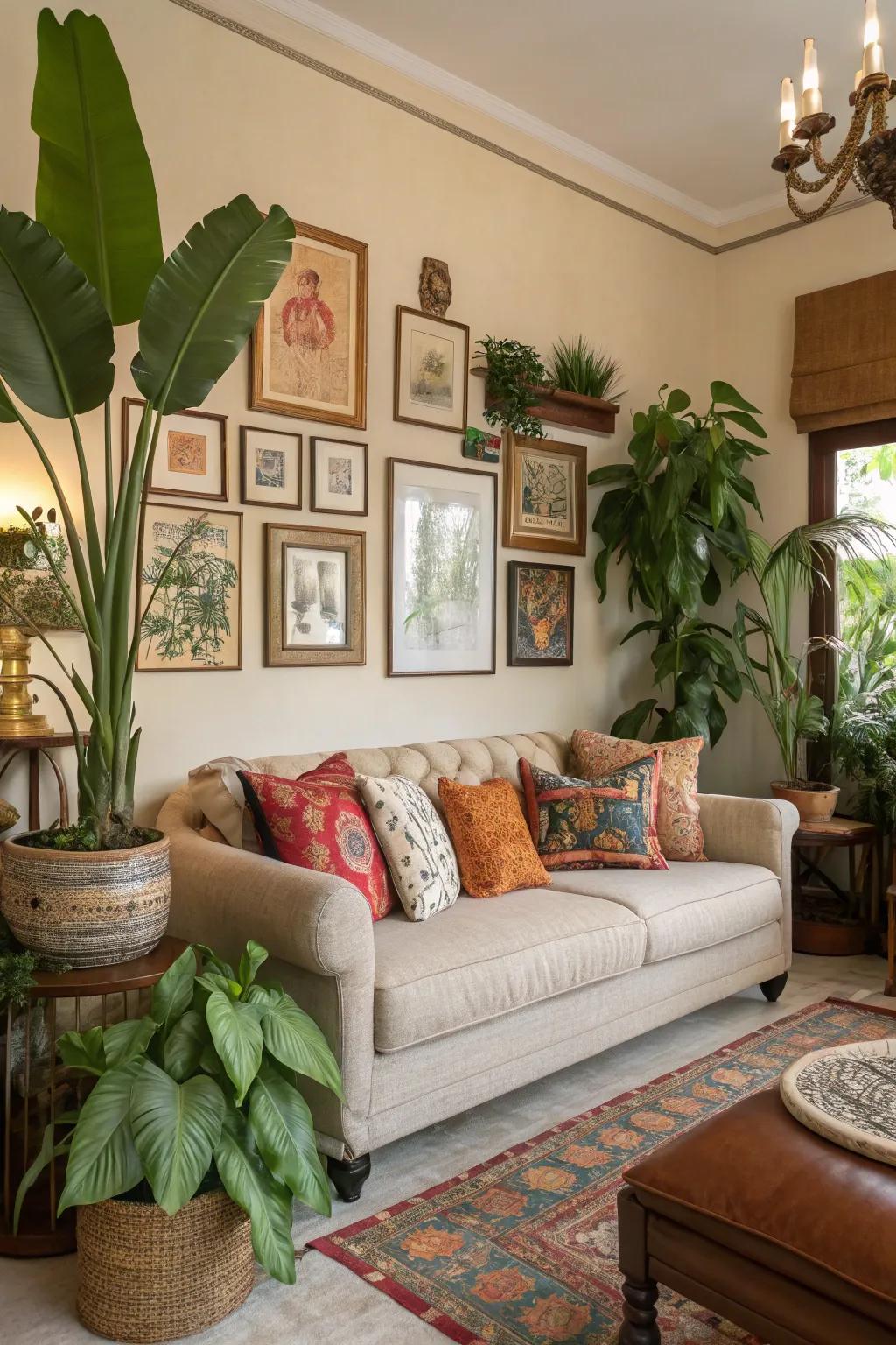 Art and natural elements breathe life into this beautifully decorated living room.