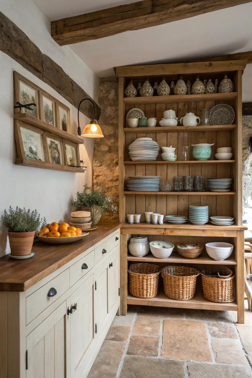 Open shelves showcasing beautiful dishware in a cottage kitchen.