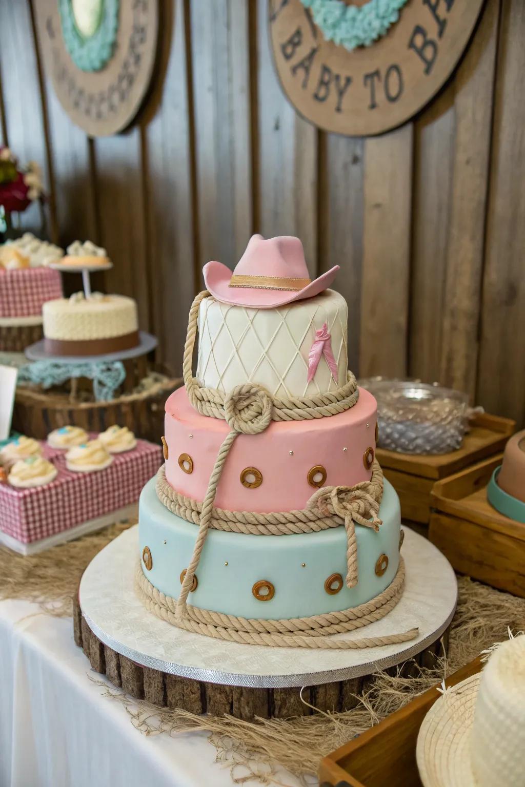 Western-themed accessories add a charming touch to this baby shower cake.