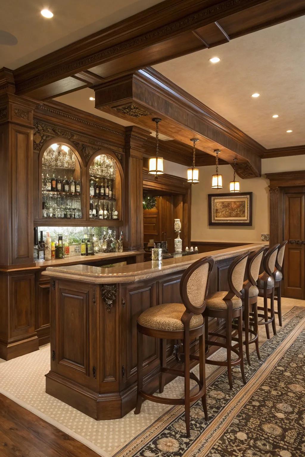 A traditional home bar with rich wood tones and classic elegance.