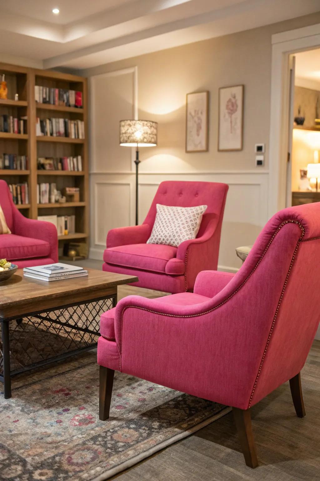 Pink accent chairs add a pop of color and comfort to the living space.