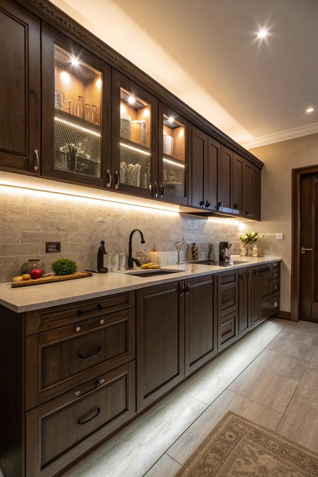 Accent lighting enhances the beauty and depth of dark kitchen cabinets.